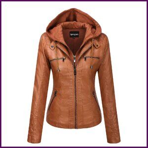 Faux Leather Moto Jacket with Detachable Hood, Zipper Pockets